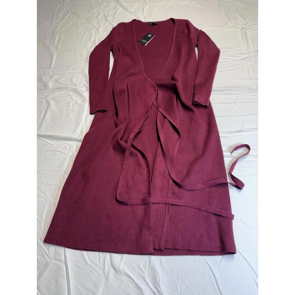 Work Siren Guess Everly Long Slve Wrap Sweater Dress Garnet Wine Midi V Neck
